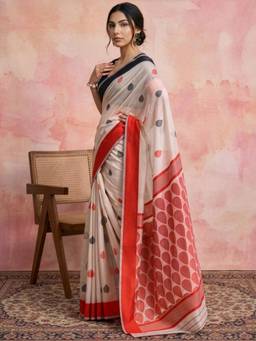 Globus - Beige Cotton Silk Woven Saree with Unstitched Blouse
