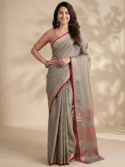 Globus - Grey Tissue Solid Saree with Unstitched Blouse