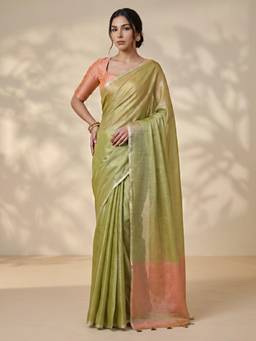 Globus - Green Tissue Solid/Plain Saree with Unstitched Blouse