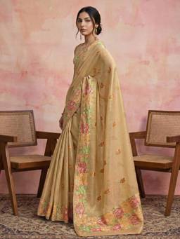 Globus - Cream Tissue Woven Saree with Unstitched Blouse