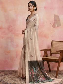 Globus - Beige Cotton Silk Floral Saree with Unstitched Blouse