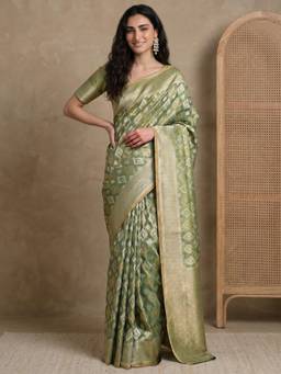 Globus - Green Tissue Woven Saree with Unstitched Blouse