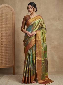 Globus - Green Tissue Printed Saree with Unstitched Blouse
