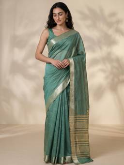 Globus - Teal Cotton Silk Solid/Plain Saree with Unstitched Blouse