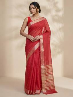 Globus - Red Cotton Silk Solid/Plain Saree with Unstitched Blouse
