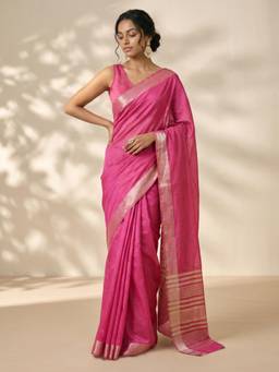 Globus - Pink Cotton Silk Solid/Plain Saree with Unstitched Blouse