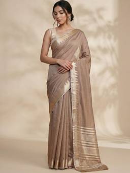 Globus - Beige Cotton Silk Solid/Plain Saree with Unstitched Blouse