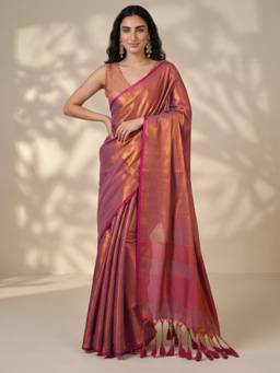 Globus - Pink Tissue Solid/Plain Saree with Unstitched Blouse