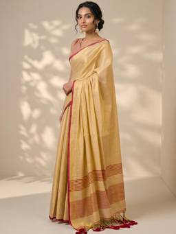 Globus - Yellow Tissue Solid/Plain Saree with Unstitched Blouse