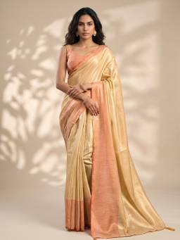 Globus - Cream Tissue Solid/Plain Saree with Unstitched Blouse