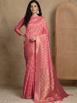 Globus - Peach Cotton Silk Woven Saree with Unstitched Blouse