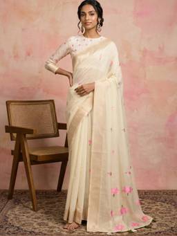 Globus - Off White Cotton Silk Floral Saree with Unstitched Blouse