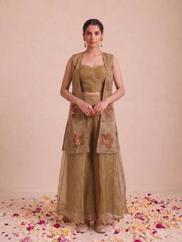 Autumnlane - Beige Silk Blend Embroidered Crop Top Palazzo with Jacket
