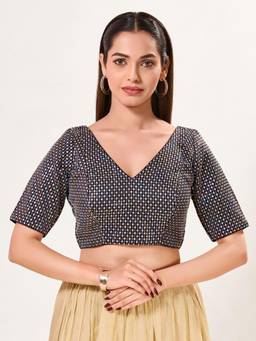 VAMAS - THE DESIGNER BLOUSES - Jain Silk Padded Back Open Elbow-Sleeves Saree Blouse