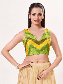 VAMAS - THE DESIGNER BLOUSES - Position-Print Padded Back-Open Sleeveless Saree Blouse