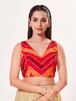 VAMAS - THE DESIGNER BLOUSES - Position-Embroidered Padded Back-Open Sleeveless Saree Blouse