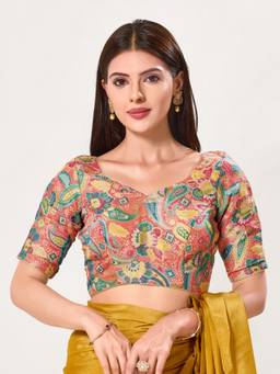VAMAS - THE DESIGNER BLOUSES - Position-Print Padded Back-Open Elbow-Sleeves Saree Blouse