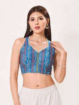 VAMAS - THE DESIGNER BLOUSES - Bandhani-Woven Padded Front-Open Sleeveless Saree Blouse