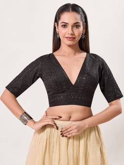 VAMAS - THE DESIGNER BLOUSES - Tissue Padded Back Open Elbow-Sleeves Saree Blouse