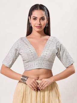 VAMAS - THE DESIGNER BLOUSES - Tissue Padded Back Open Elbow-Sleeves Saree Blouse