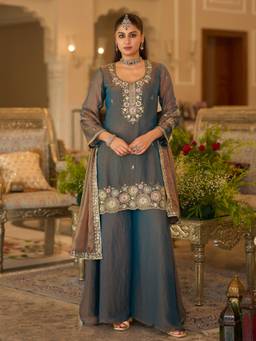 Autumnlane - Teal Blended Fabric Embroidered Kurti Palazzo