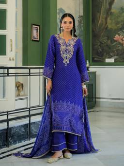 Autumnlane - Blue Blended Fabric Embroidered Kurta Pant with Dupatta