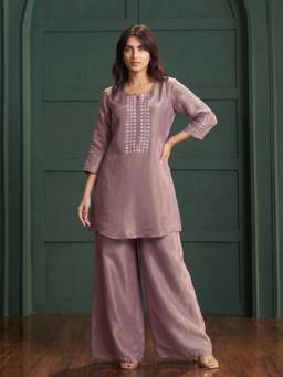 Autumnlane - Brown Tissue Embroidered Cor-ord Set