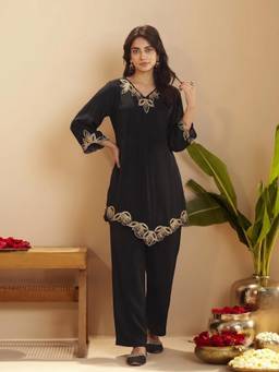 Autumnlane - Black Crepe Embroidered Cor-ord Set