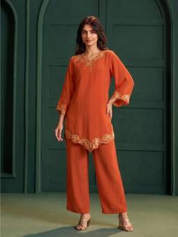 Autumnlane - Orange Crepe Embroidered Cor-ord Set