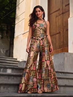 Autumnlane - Multi-Color Jacquard Printed Top Palazzo with Dupatta