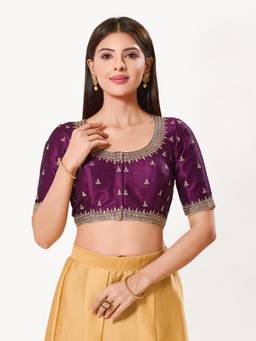 VAMAS - THE DESIGNER BLOUSES - Mulbury Silk Padded Front Open Elbow-Sleeves Saree Blouse
