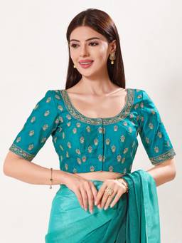 VAMAS - THE DESIGNER BLOUSES - Silk Padded Front-Open Elbow-Sleeves Saree Blouse
