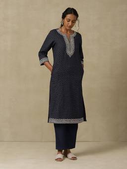 Aarke Ritu Kumar - Navy Blue Polyester Embroidered Kurta