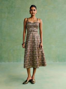 Aarke Ritu Kumar - Brown Polyester Floral Dress with Belt