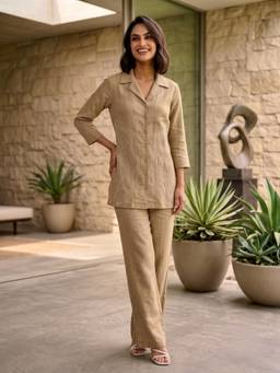Autumnlane - Beige Cotton Embroidered Cor-ord Set