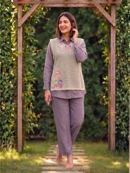 Autumnlane - Lavender Cotton Embroidered Shirt Pant with Jacket