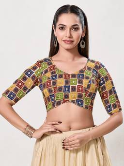 VAMAS - THE DESIGNER BLOUSES - Jain Silk Padded Back Open Elbow-Sleeves Saree Blouse