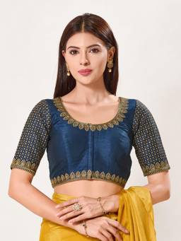 VAMAS - THE DESIGNER BLOUSES - Mulbury Silk Padded Front Open Elbow-Sleeves Saree Blouse