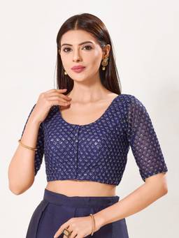 VAMAS - THE DESIGNER BLOUSES - Net Padded Front Open Elbow-Sleeves Saree Blouse