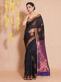 CHARUKRITI - Black Blended Cotton Handwoven Zari Woven Motifs & Designs Saree with Unstitched Blouse