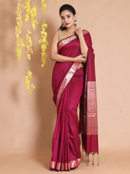 CHARUKRITI - Magenta Silk Zari Floral Designs & Chevron Pallu Handwoven Saree with Unstitched Blouse