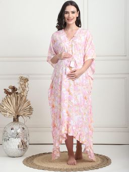 Secret Wish - Abstract Print Light Pink Rayon Maternity Kaftan Calf Length