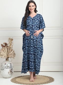 Secret Wish - Floral Print Blue Cotton Maternity Kaftan Full Length