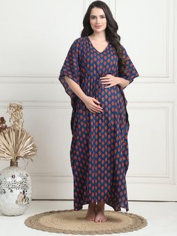 Secret Wish - Floral Print Dark Blue Cotton Maternity Kaftan Full Length