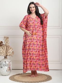 Secret Wish - Floral Print Peach Cotton Maternity Kaftan Full Length
