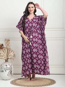 Secret Wish - Print Purple Cotton Maternity Kaftan Full Length