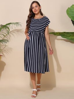 Zelena - Women Zipless 100 Cotton Stripped Maternity Feeding Dress with Pockets