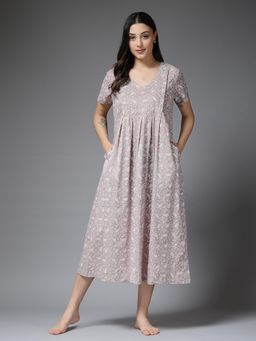 Zelena - Women Half Sleeve 100 Cotton Floral Printed Feeding Nightdress with Zip