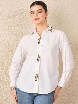 Uptownie - White Hand Embroidered Cotton Shirt