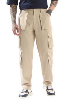 Hubberholme - Beige Polyester Solid Loose Fit Mid-Rise Cargo Pant
